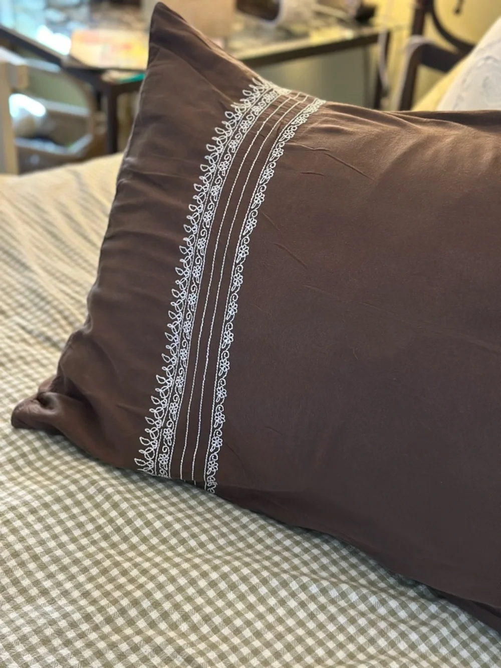 West Elm Embroidered Brown Pillow Sham Pair with White Stitching Trim